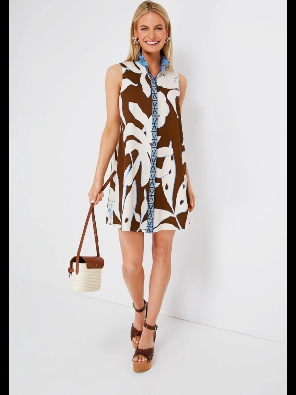 Tuckernuck Blue, Brown & Cream Patterned Button-Front Mini Cotton Dress S